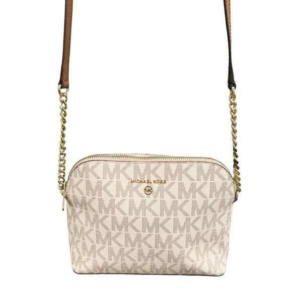 Michael Kors Classic Cream Logo Monogram Crossbody Gold Chain Shoulder Luxury - Picture 7 of 10